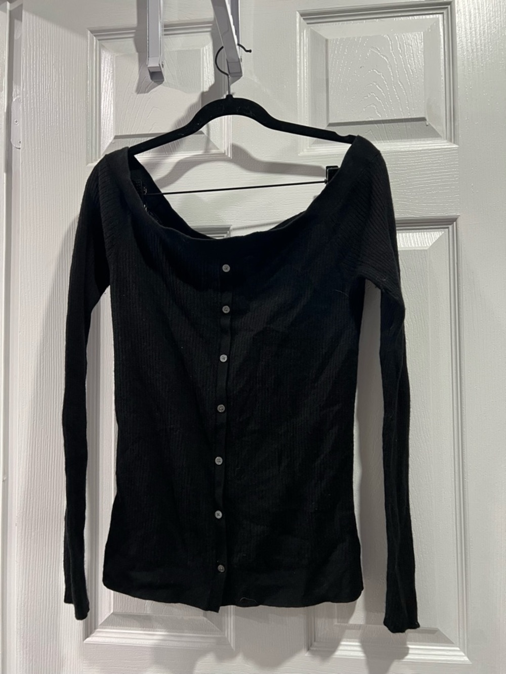 Frame Denim Black Ribbed Button-Front Long Sleeve Top